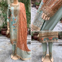 Pakistani light sea green Straight Style Embroidered Sequins Chiffon Dress,S - £97.32 GBP