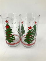 2 Vintage Libbey Christmas Drinking Glasses Tumblers Snow Tree Red Star ... - $32.66