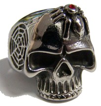 Skull Head With Spider And Web Stainless Steel Ring Size 7 - S-538 Biker Mens - £6.02 GBP