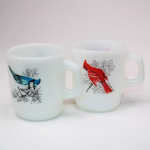 2 VTG Anchor Hocking Fire King Milk Glass D Handle Coffee Cup Cardinal Blue Jay - £14.60 GBP