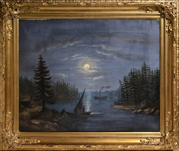 Idyllic Moon Night Landscape Scandinavian Lakeland 19th century Oil Painting - £255.74 GBP