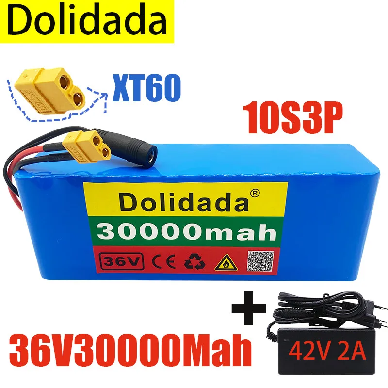 New 10S3P 36V 30Ah XT60 500W high power capacity 42V  battery pack 30000mAh elec - $246.53