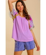 New Umgee S M L Lavender Mixed Floral Print Short Ruffle Sleeve Woven Kn... - £21.59 GBP