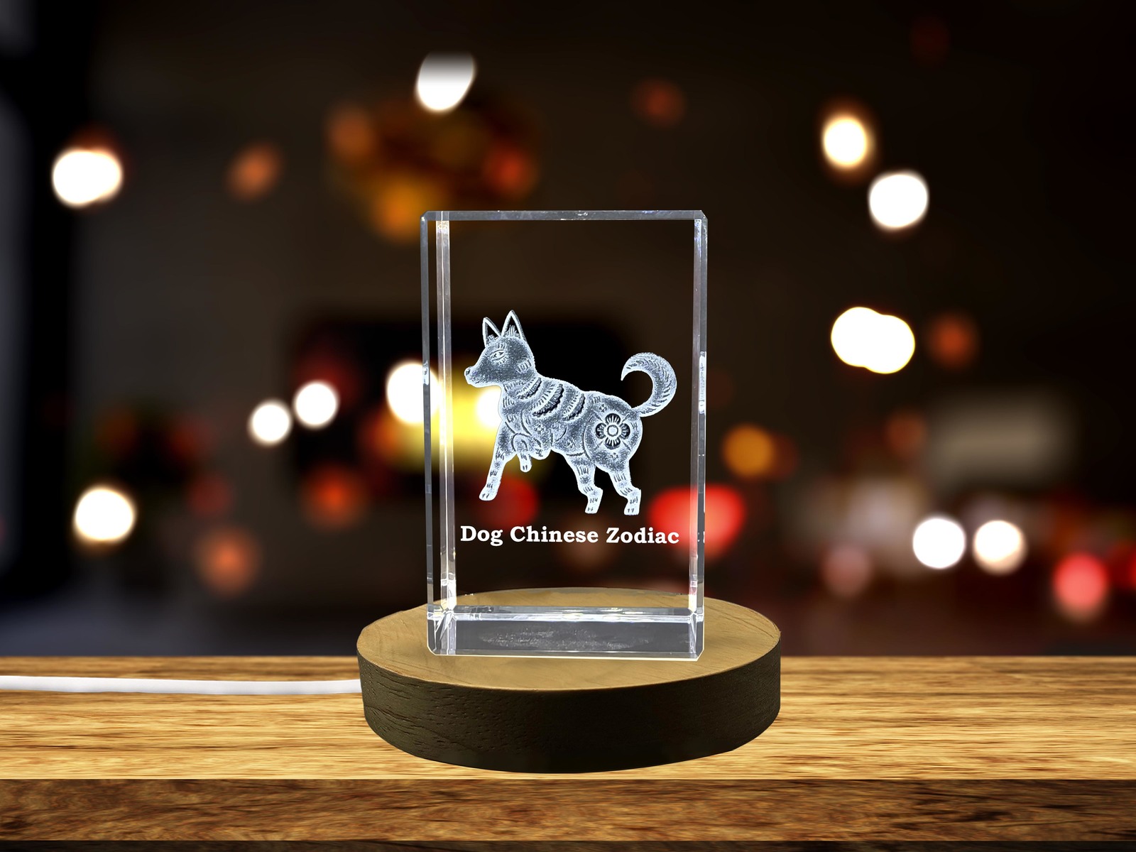 LED Base included | Dog Zodiac Crystal with Beautifully Carved 3D Chinese