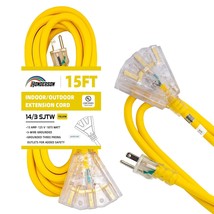 15Ft Lighted Outdoor Extension Cord With 3 Power Outlets,14/3 Sjtw Heavy... - $34.99