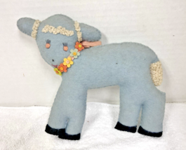 Handmade Blue Felt Lamb Sheep w Flower Garland Necklace Stuffed Doll 8 1/4 - $333.38 MXN