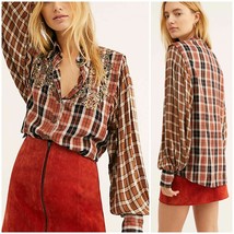 NEW Free People Snow Mountain Plaid Sequin Beaded Copper Shirt Top Blouse XS - £37.19 GBP