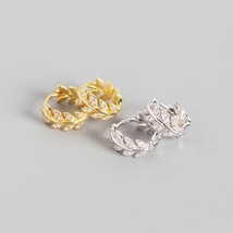 Gold Olive Leaf Huggie Hoop Earrings Dainty Olive Leaves Pave Hoop Earrings - £10.84 GBP