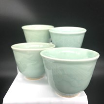 Vintage Celadon Tea Cups Set with Koi Fish Relief, Lot of 4 - £59.80 GBP