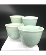Vintage Celadon Tea Cups Set with Koi Fish Relief, Lot of 4 - £59.44 GBP