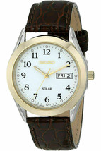 Seiko Men&#39;s SNE056 Solar White Dial Stainless Steel Brown Leather Dress Watch - £85.73 GBP