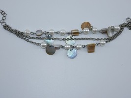 Vintage Bracelet Silver Tone Metal Multi Chain Strand Pearl and Abalone Charms - £5.51 GBP