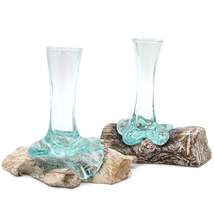 Molton Glass Small Vase On A Whitewashed Wooden Stand - $35.39