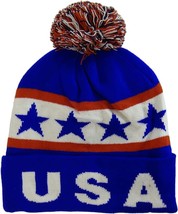 USA Patriotic Adult Size Plush Lined Winter Knit Pom Beanie Hat (Royal) - £14.15 GBP