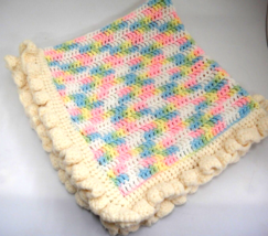 Hand Knit Baby Blanket Pastel Pink Blue Yellow Ruffled Edge 27&quot; x 28&quot; Very Nice - £13.94 GBP
