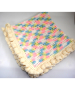 Hand Knit Baby Blanket Pastel Pink Blue Yellow Ruffled Edge 27&quot; x 28&quot; Ve... - £14.00 GBP