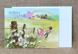 Vintage Sunshine Card Daisies In Field Kids Running Toward Rainbow Ephemera - $2.97