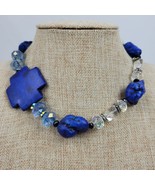 Vintage Hippie Blue &amp; Clear Beaded Choker Necklace 16 Inch - €8,20 EUR