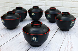 Made In Japan Traditional Black Red Lacquer Plastic Bowls With Lid Set P... - $32.95