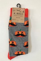 K. Bell Mens Halloween Pumpkin Crew Socks Moustache Gray Orange Novelty Fall NWT - £10.89 GBP