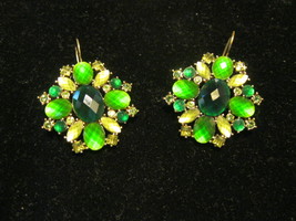 EMERALD GREEN Rhinestone and Glass Pierced EARRINGS in Gold-Tone - 1 3/4... - $30.00