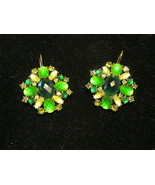 EMERALD GREEN Rhinestone and Glass Pierced EARRINGS in Gold-Tone - 1 3/4... - $30.00