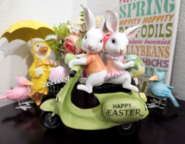 Easter Bunny Rabbit Couple Riding Scooter Pastel Statue Figurine 8.5&quot; - £33.69 GBP