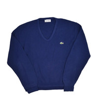 Vintage Izod Lacoste V Neck Sweater Mens M Blue Orlon Acrylic Pullover Grandpa - $30.38