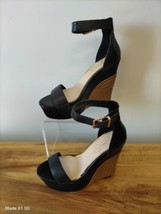 Jessica Simpson Black Brown High Heel Wedge Gold Buckle Size 7.5 Round Toe - £17.46 GBP