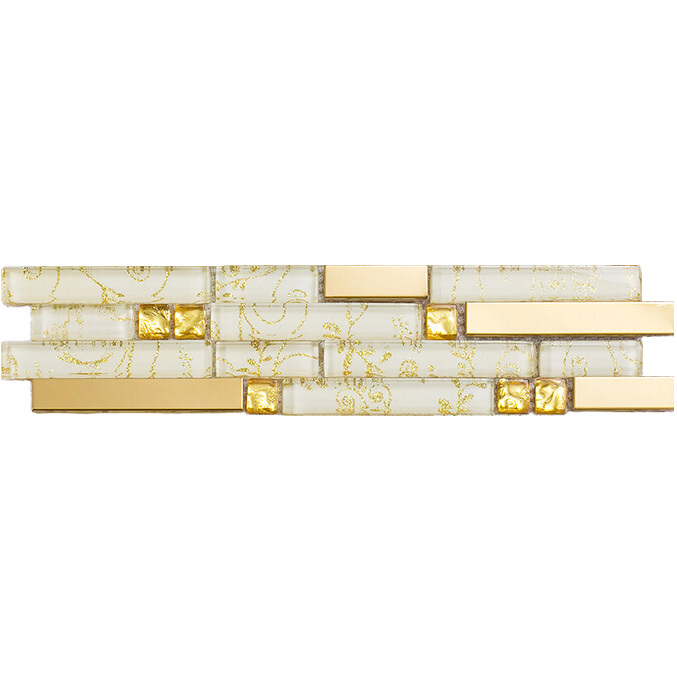 Glass Metal Linear Mosaic Wall Tiles Shiny Gold & White Backsplash 3"x12" Sample
