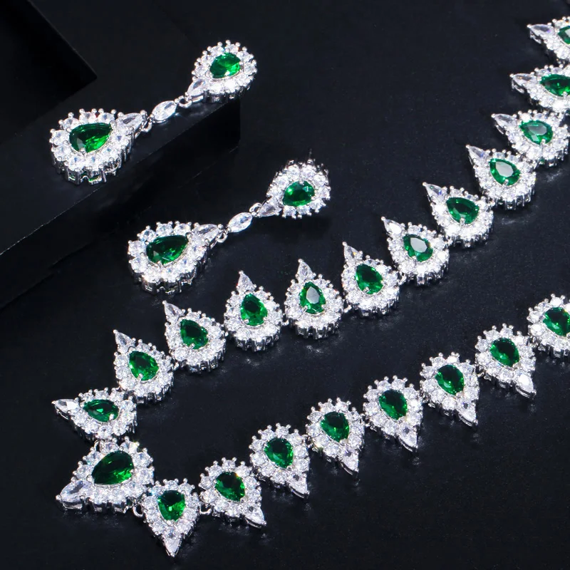 Luxury Green Cubic Zirconia Elegant Choker Necklace and Earrings Bridal Wedding  - £45.07 GBP