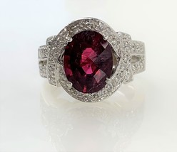 14k White Gold Oval Cut Red Tourmaline Diamond Cocktail Ring - £1,546.44 GBP