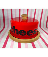 Gorgeous 1970&#39;s MiD Mod Red Enamelware Cheese Dome w/Handle + Wood Servi... - £37.49 GBP