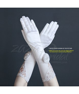 GORGEOUS STRETCH SATIN GLOVES WITH FLOWER PATTERN LACE AND 2&quot; ROSETTE FL... - $27.99