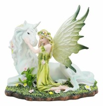 Green Earth Gaia Fairy With Rare Floral White Unicorn Statue Decor Figurine 7&quot;L - £39.17 GBP