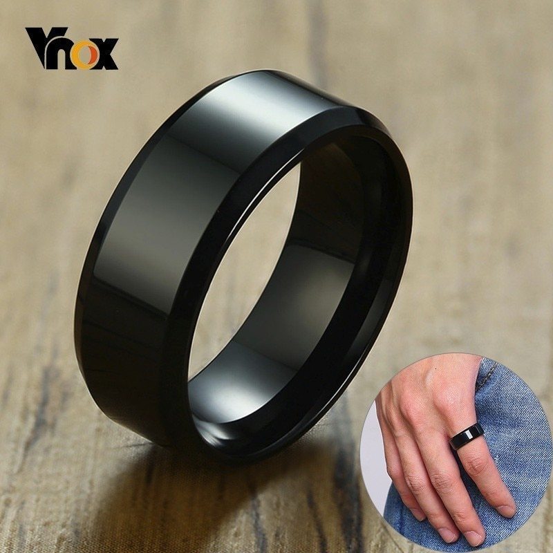 Vnox 8mm Classic Black Ring for Men Women Glossy Surface Stainless Steel Wedding - £6.76 GBP