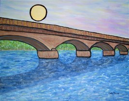 Painting Bridge Original Signed Art  River Sun Ocean Lake Landscape Carla Dancey - £20.56 GBP
