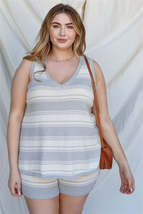 Plus Size Heather Grey Stripe Knit Sleeveless Top &amp; Short Set - £15.31 GBP