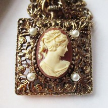 Vintage Cameo and Faux Pearl Necklace Square Filigree Caged Pendant Double Chain - £26.18 GBP