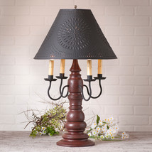 Large Colonial Table Lamp with Punched Tin Shade - Distressed Red Finish USA - £400.47 GBP