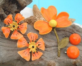 Vintage Lot Metal Flower Stem Pin Brooch Earrings Enamel Orange Yellow - £22.34 GBP