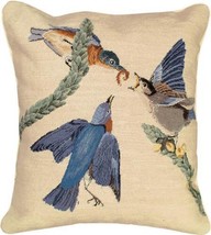 Throw Pillow Needlepoint Eastern Bluebird Bird 18x18 Down Insert Wool Cotton - £250.84 GBP