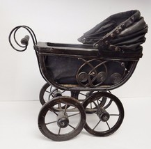 Vintage Doll Carriage Stroller Pram Baby Buggy Wicker Metal Canvas Wood 13&quot;X 13&quot; - £47.16 GBP
