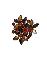 Vintage Judy Lee Rhinestone Flower Brooch Pin Fall Colors Gold Tone Brown Orange - £19.71 GBP
