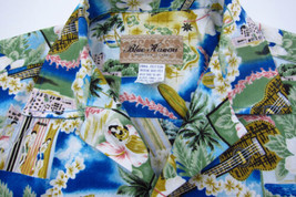 VINTAGE Blue Hawaii Hawaiian Islands Ukelele, Hula, Leis, Surfers Camp Shirt S - £43.29 GBP
