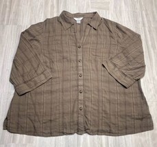 CJ Banks Size 2XL XXL 3/4 Sleeve Button Up Brown Top Collared Square Pat... - $10.77