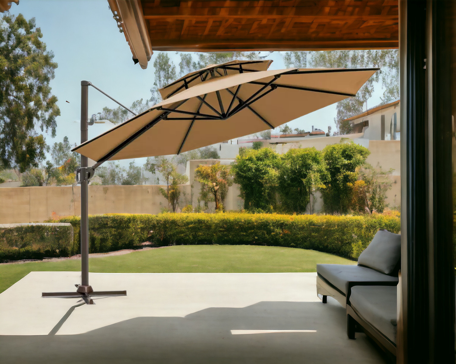 11.5&#39; Tan Polyester Round Tilt Cantilever Patio Umbrella With Stand - $475.86