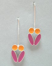 Orange Pink Enamel Silver Earrings Unique Drop Colorful Flower Pierced  - £55.95 GBP