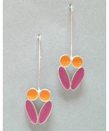 Orange Pink Enamel Silver Earrings Unique Drop Colorful Flower Pierced  - £54.81 GBP