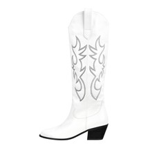 Women White Knee High Boots Western Cowboy Boots Wide Calf Embroidered Pointed T - £116.31 GBP